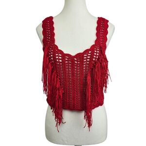 Zara Red Boho Crochet Fringe Top Size S | Festival Bohemian Knit Top